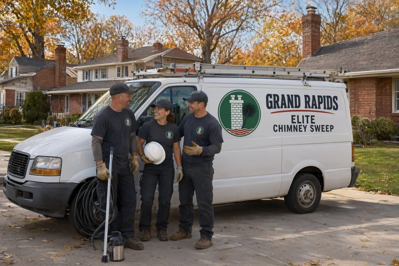 Three crew members talking beside the company van parked in a driveway