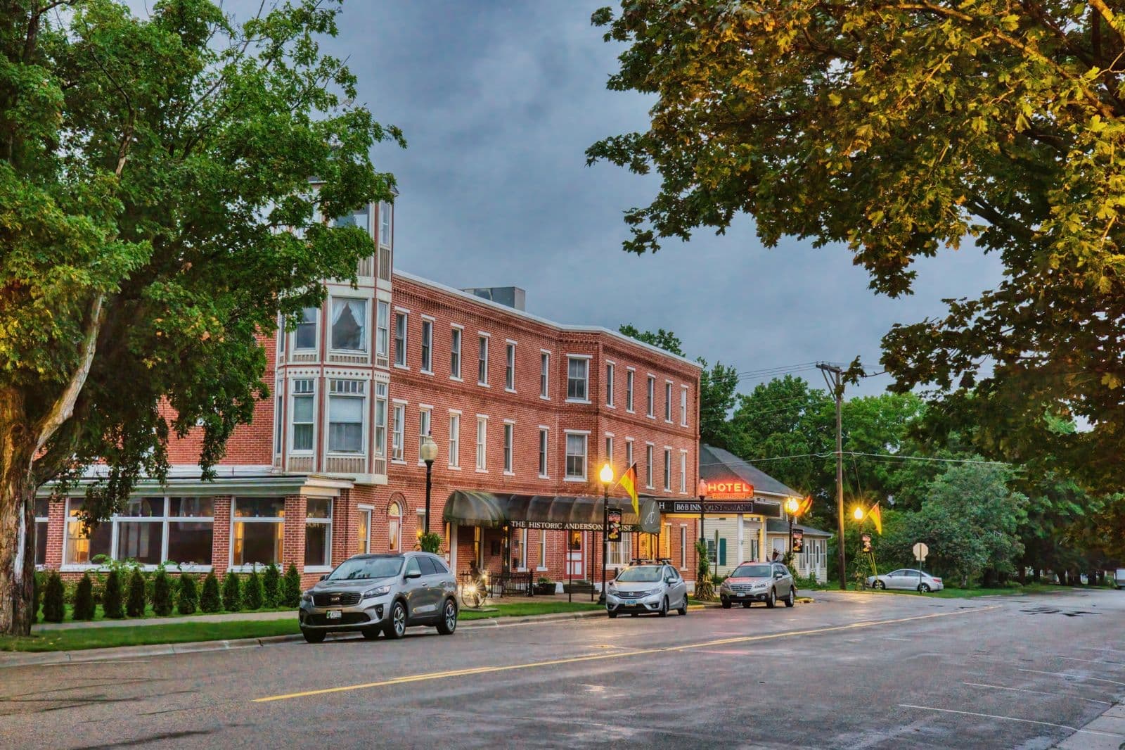 A small town main street lined with brick buildings