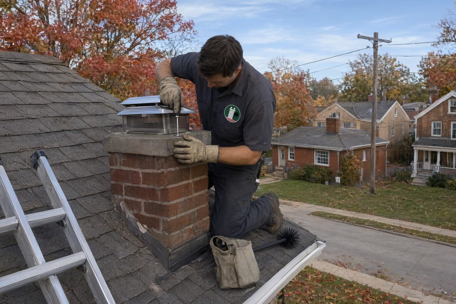 Crew member fitting a stainless steel chimney cap with mesh sides onto a brick chimney crown