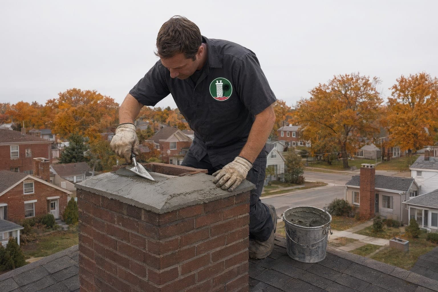Crew member smoothing fresh cement onto a brick chimney crown with a trowel