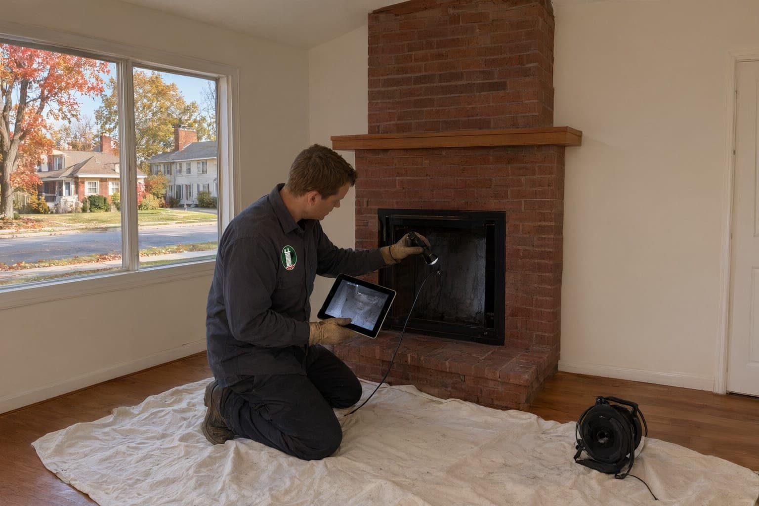 Crew member kneeling at a fireplace with a flashlight and a tablet showing the flue camera feed