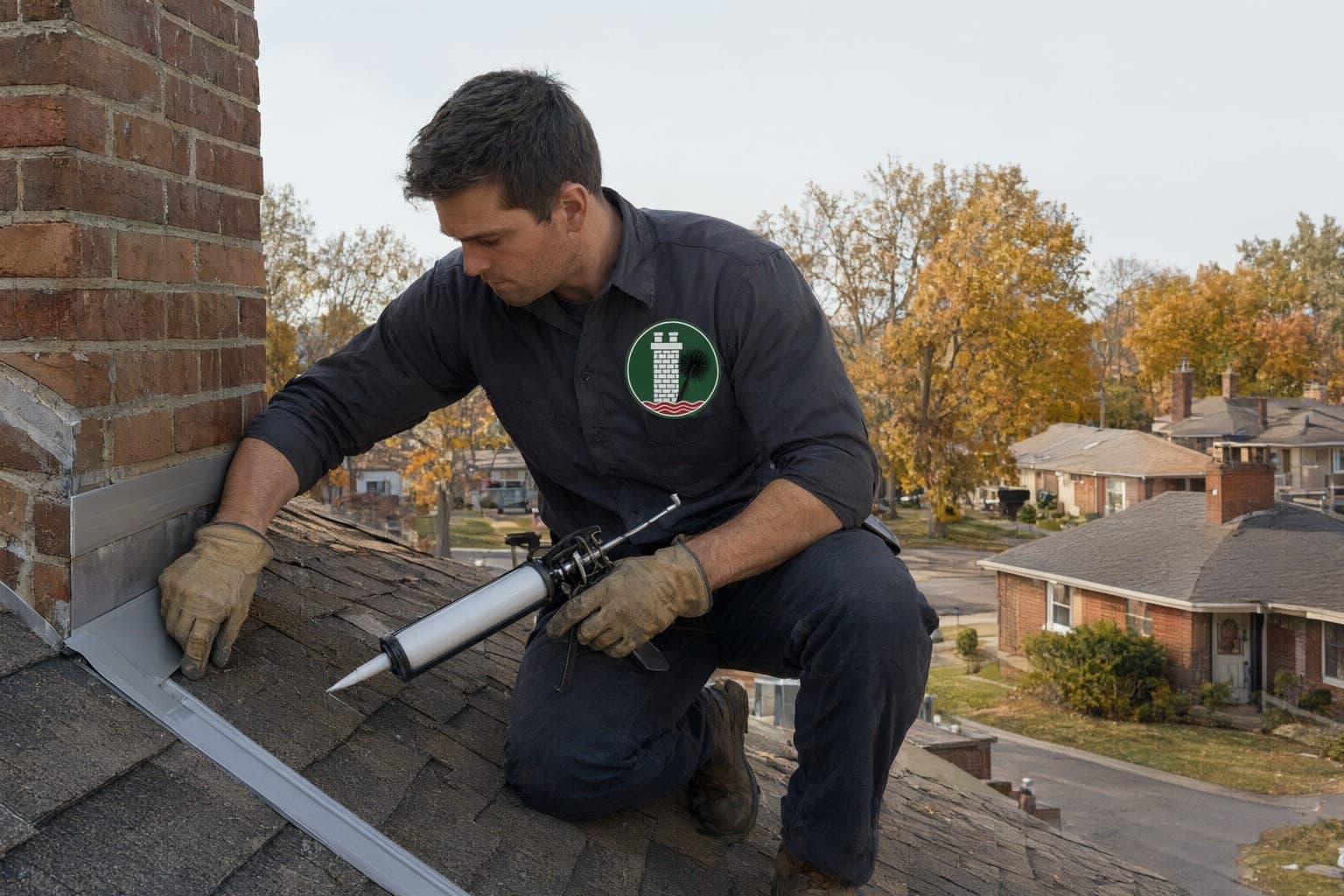 Crew member pressing new metal flashing against a brick chimney where it meets the roof
