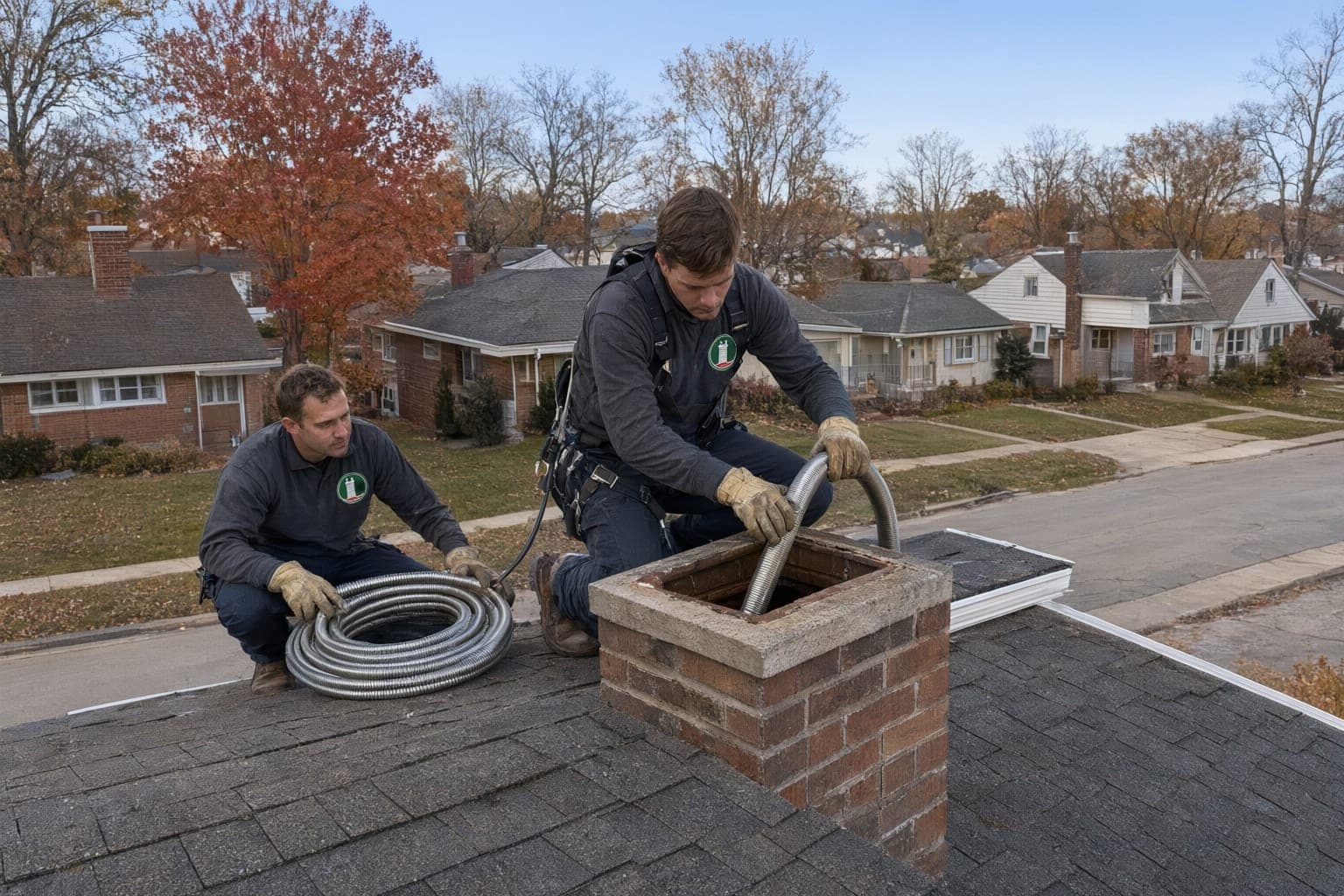 Two crew members feeding a flexible stainless steel liner down a chimney flue from the roof