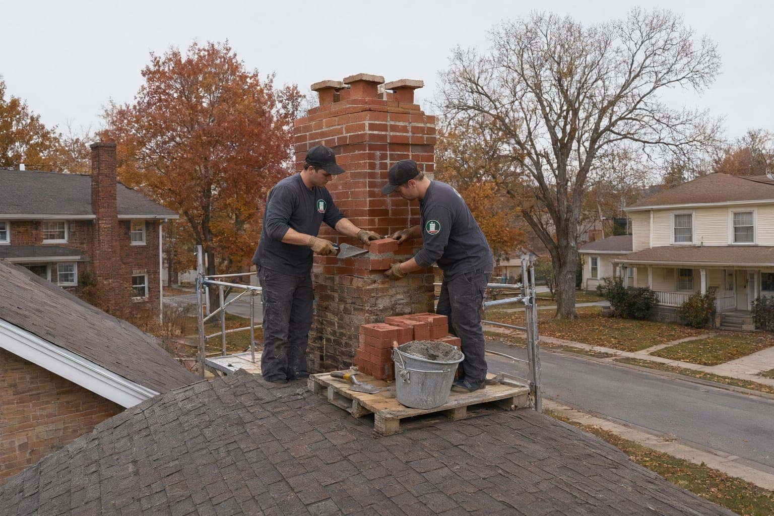 Two crew members rebuilding a brick chimney above the roof line course by course