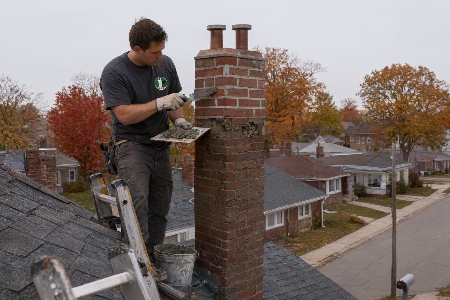 Crew member packing fresh mortar into the joints of a brick chimney with a pointing trowel