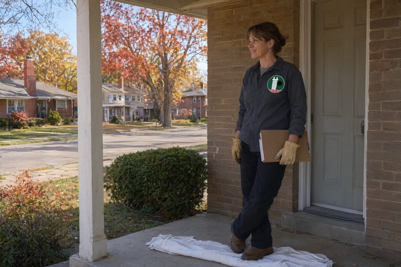 Crew member with a clipboard on a front porch